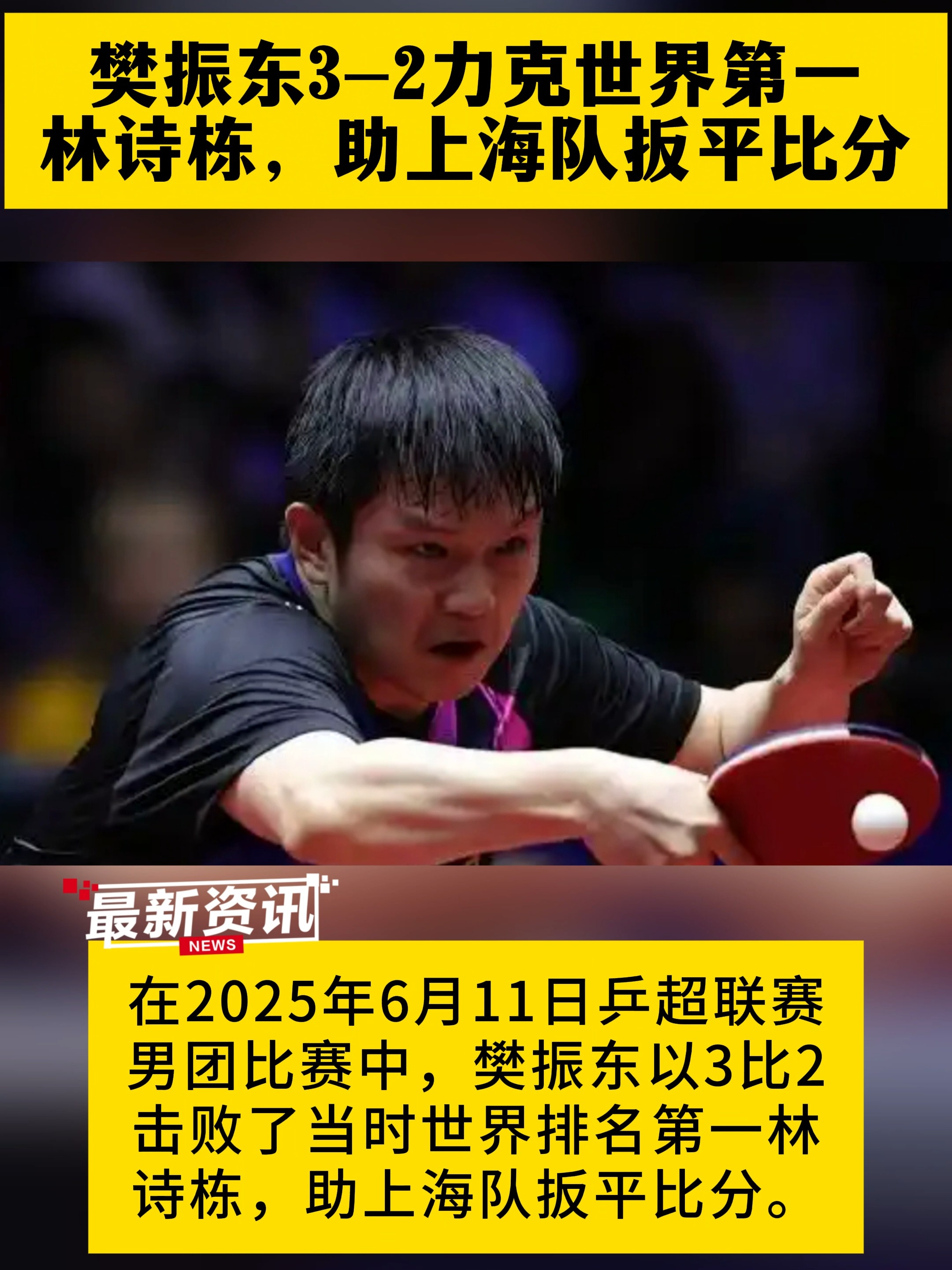 樊振东3-0世界第一林诗栋三局分差只有2分